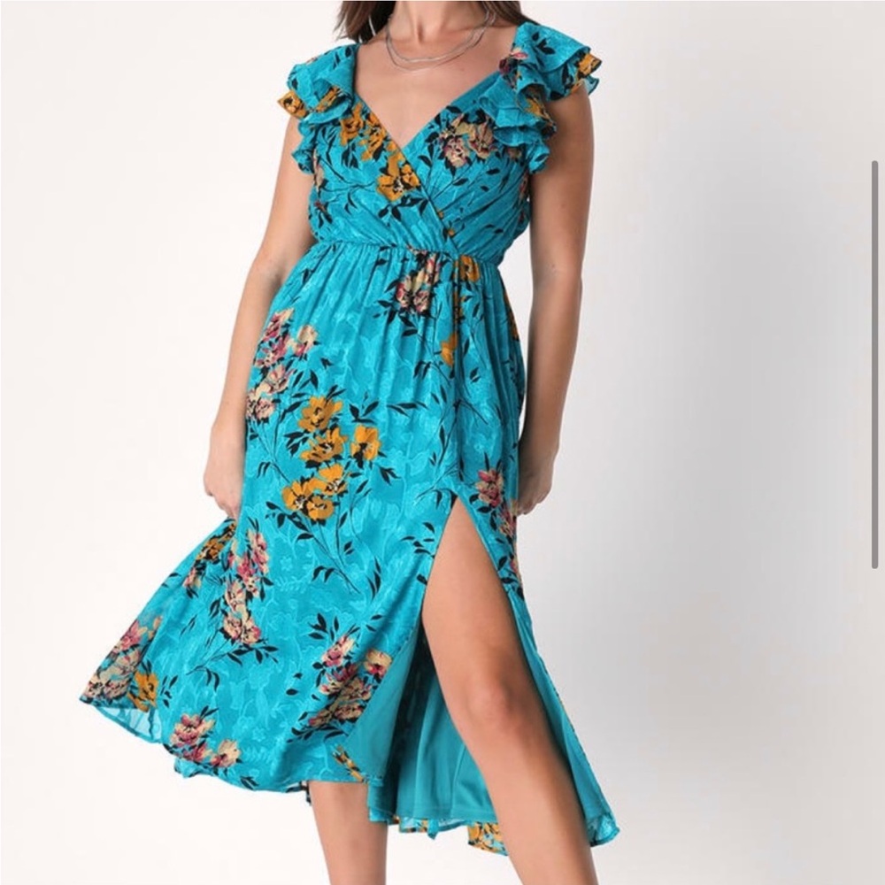 Lulus Teal Green Vacay Cutie‎ Floral Jacquard Flutter Sleeve Midi Dress XL